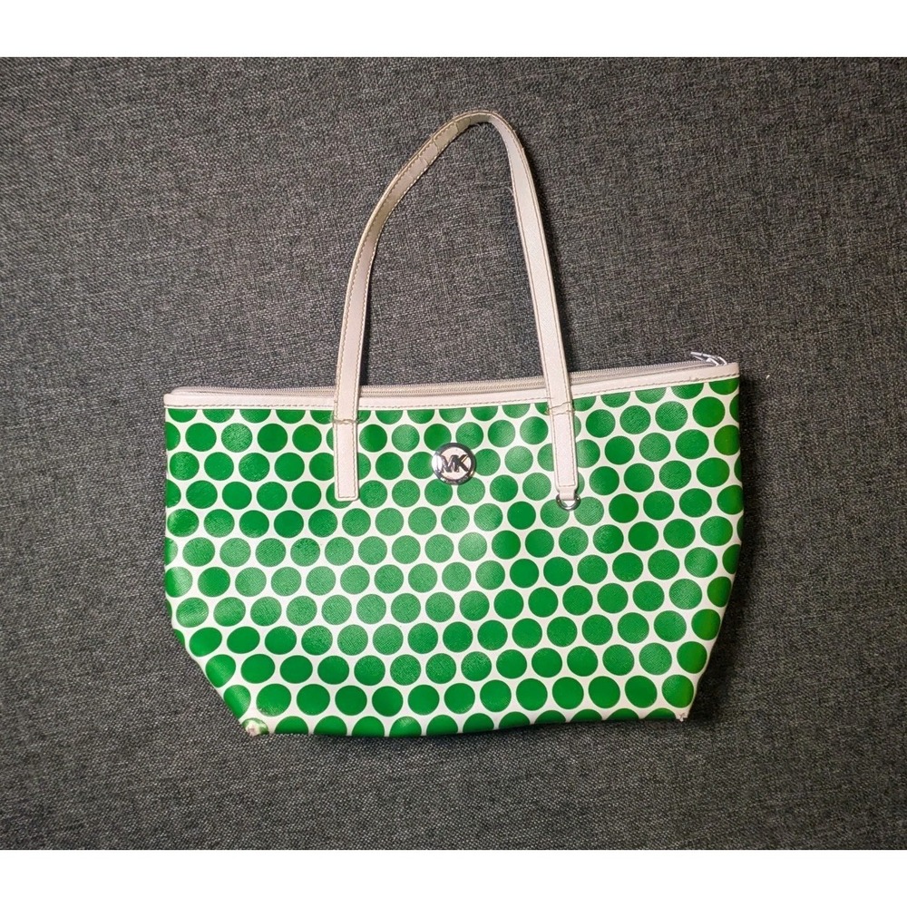 Michael Kors Women's Green and White Polka Dot Coated Travel Leather Bag Purse